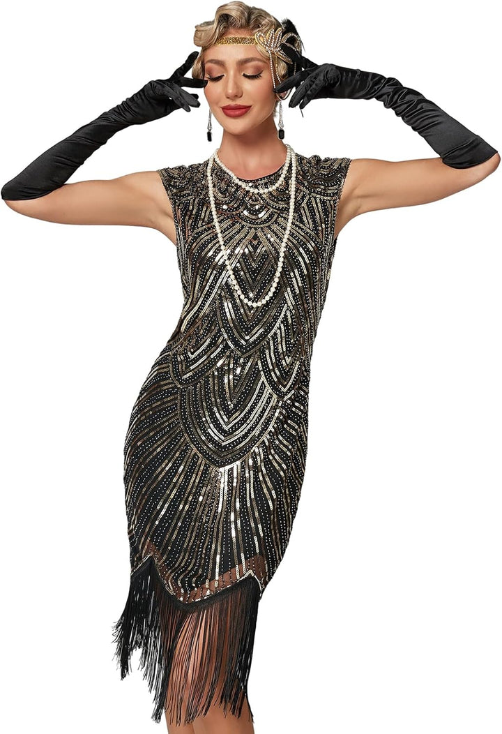 VILOREE Damen Kleid voller Pailletten 20er Stil Runder Ausschnitt Inspiriert von Great Gatsby Kostüm