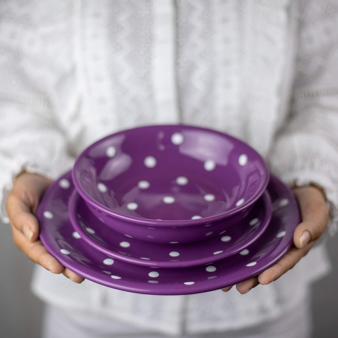 City to Cottage® - Keramik Teller 25.5 cm | Lila und Weiss | Polka Dots | Handgemacht | Grosser Spei