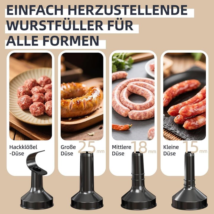 Elektrischer Wurstfüller, Fleischwolf mit Fleischbällchen-Aufsatz und 3 Wurstaufsätzen, Küchenmaschi