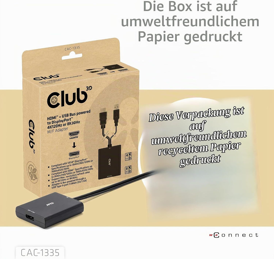 Club 3D CAC-1335 HDMI+ Micro USB auf DisplayPort 4K120Hz oder 8K30Hz St/B Aktiver Adapter, CAC-1335