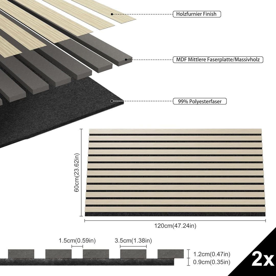 Akustikpaneele Polyester Lamellen Schallschutzplatten 2 Stück 120x60cm 1,44m² Gesamtfläche, Weisseic