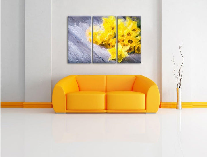 Pixxprint Bündel gelber Narzissen Kunst Pinsel Effekt 3-Teiler Leinwandbild 120x80 Bild auf Leinwand