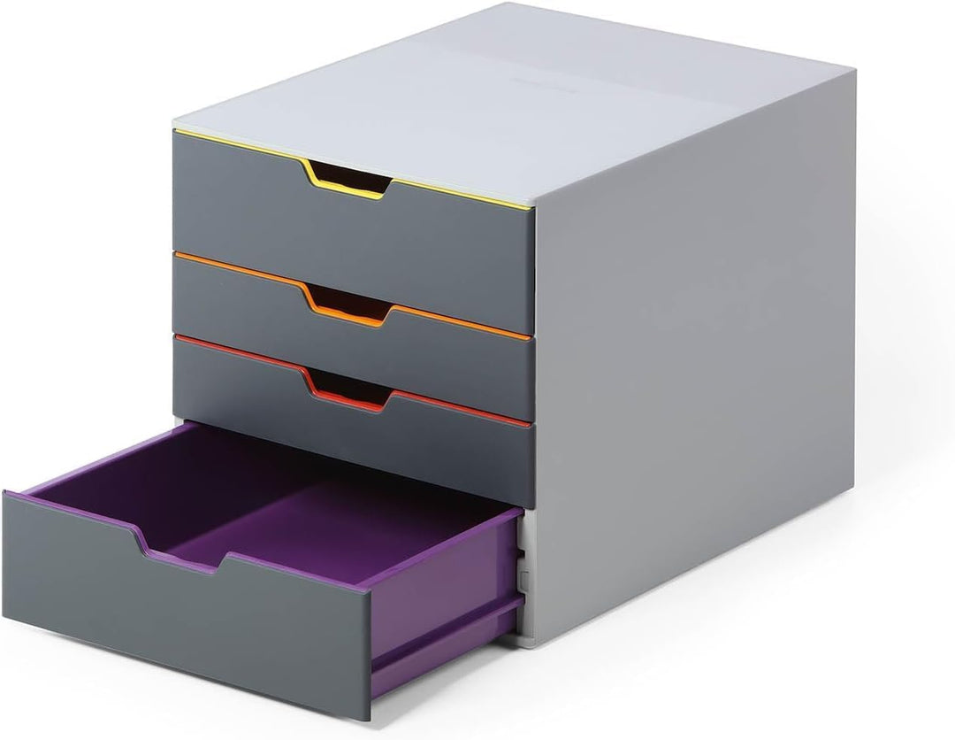 Durable Schubladenbox A4 (Varicolor) 4 Fächer, mit Etiketten zur Beschriftung, mehrfarbig, 760427, 4