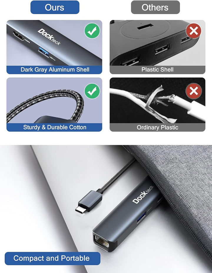 USB C Hub Dockteck 5 in 1 USB C Dock, USB-C Adapter mit Ethernet LAN RJ45, 4K HDMI, 3 USB 3.0 für Ma
