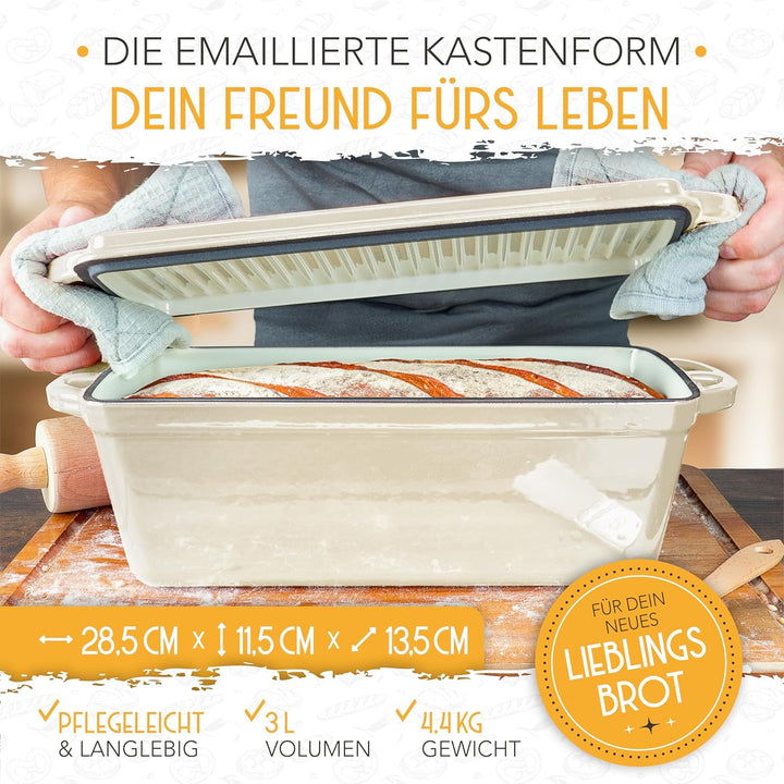 KRUSTENZAUBER Emaille Brotbackfrom mit Deckel inkl. Gärkorb - Robuste 28cm Backform aus Gusseisen -