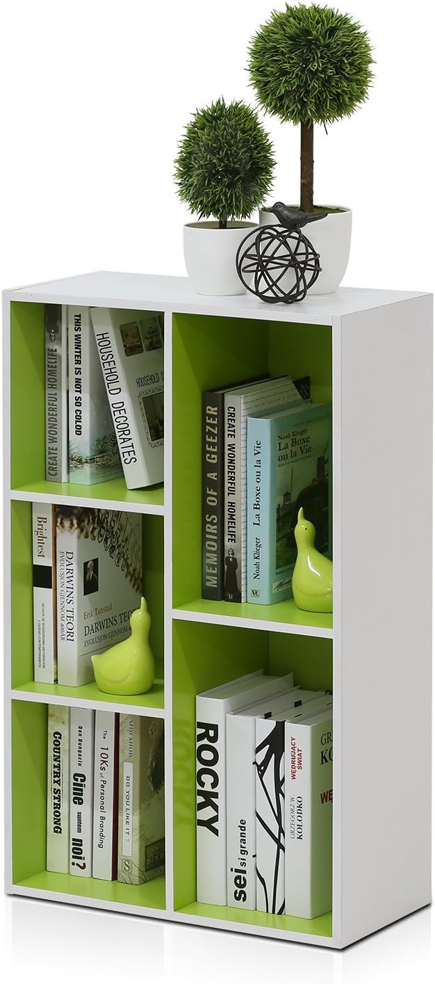 Furinno offenes Bücherregal mit 5 Fächern, holz, Weiss/Grün, 49.5 x 23.9 x 80 cm 5 Fächer Weiss/Gree