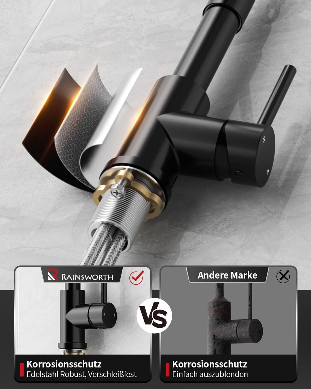 Rainsworth Wasserhahn Küche Schwarz Edelstahl - Zwei Wasserstrahlarten Hochdruck Herausziehbare Küch