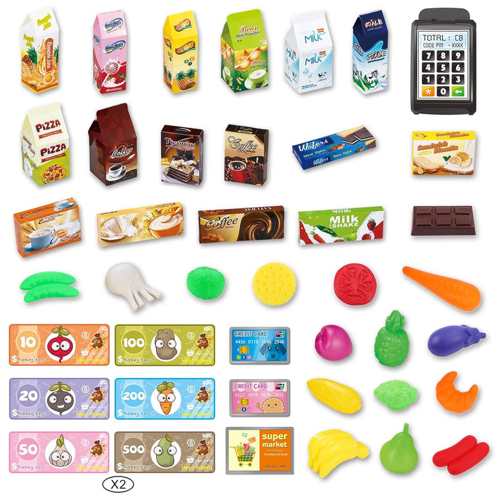 deAO Kinder Einkaufswagen Wagen für Lebensmittel Kleinkinder 65 Lebensmittel Obst Gemüse Pretend Pla