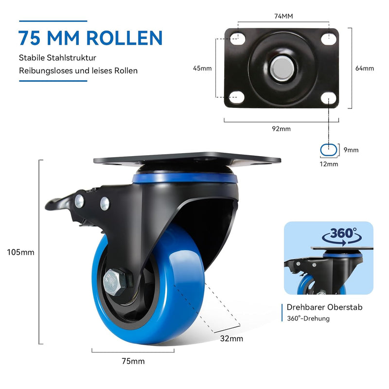 BAOLIHUI 75mm Blaue Lenkrollen 4pcs-Set Möbelrollen bis 500KG, 360° Drehung Schwerlastrollen mit Bre
