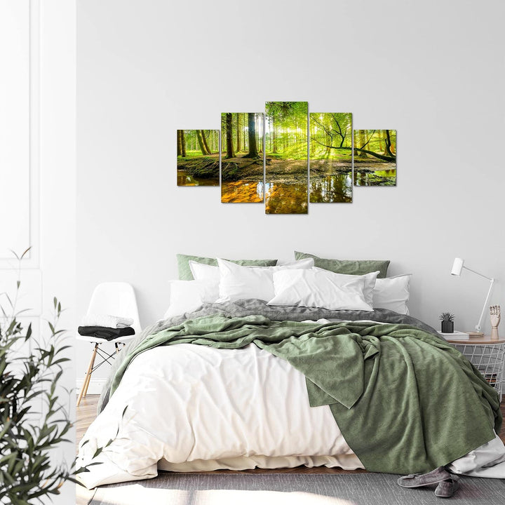 Runa Art Bild Schlafzimmer Wohnzimmer Wald Landschaft 5 Teilig Natur Grün Wandbilder auf Vlies Leinw