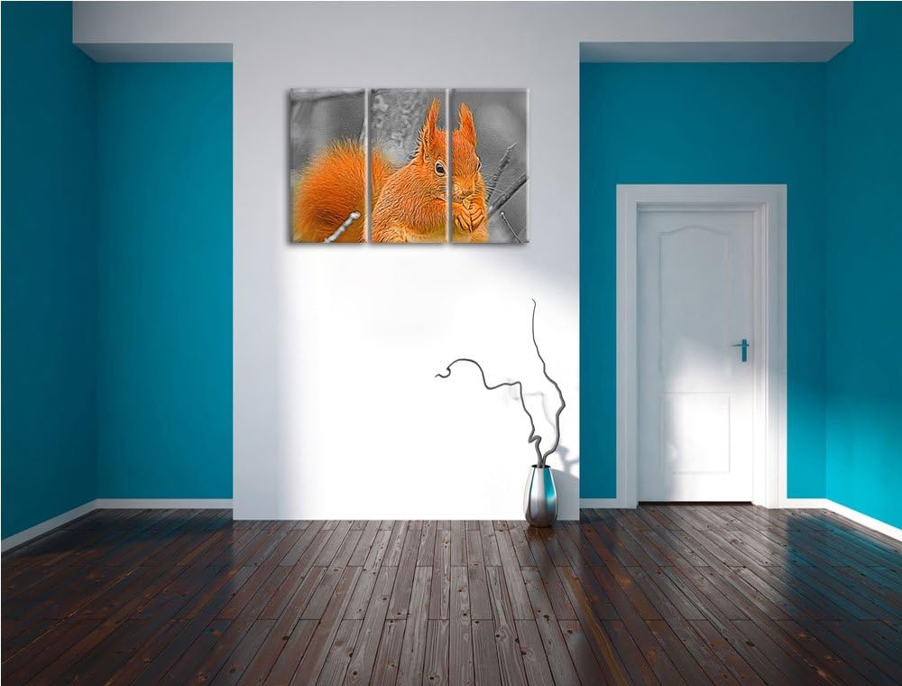 freches Eichhörnchen beim Fressen schwarz/weiss Deluxe 3-Teiler Leinwandbild 120x80 Bild auf Leinwan
