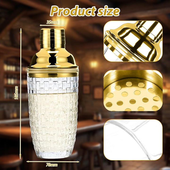 Glas Cocktailshaker400ml,Strickmuster Gold Klarglas Cocktail Shaker Set,Cocktail Shaker Glas Mixer m