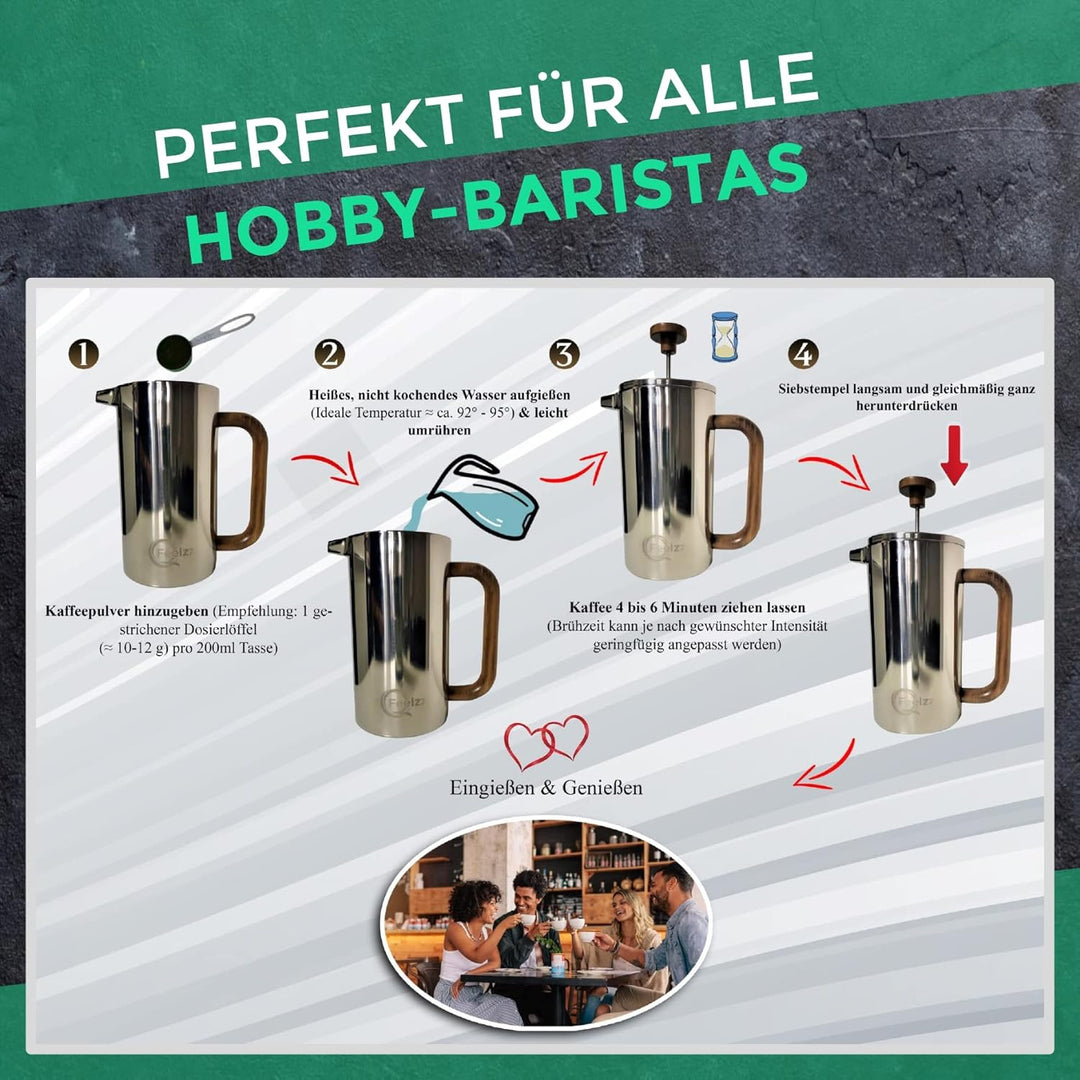 QFeelzz French Press – Edelstahl Kaffeebereiter mit Holzelementen – Thermo Kaffeepresse [Silber-Desi