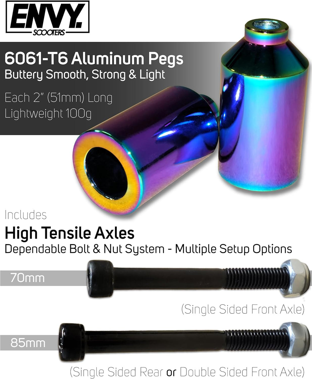 Blunt Stunt Scooter Pegs Alu Rainbow Neochrome mit Achsen
