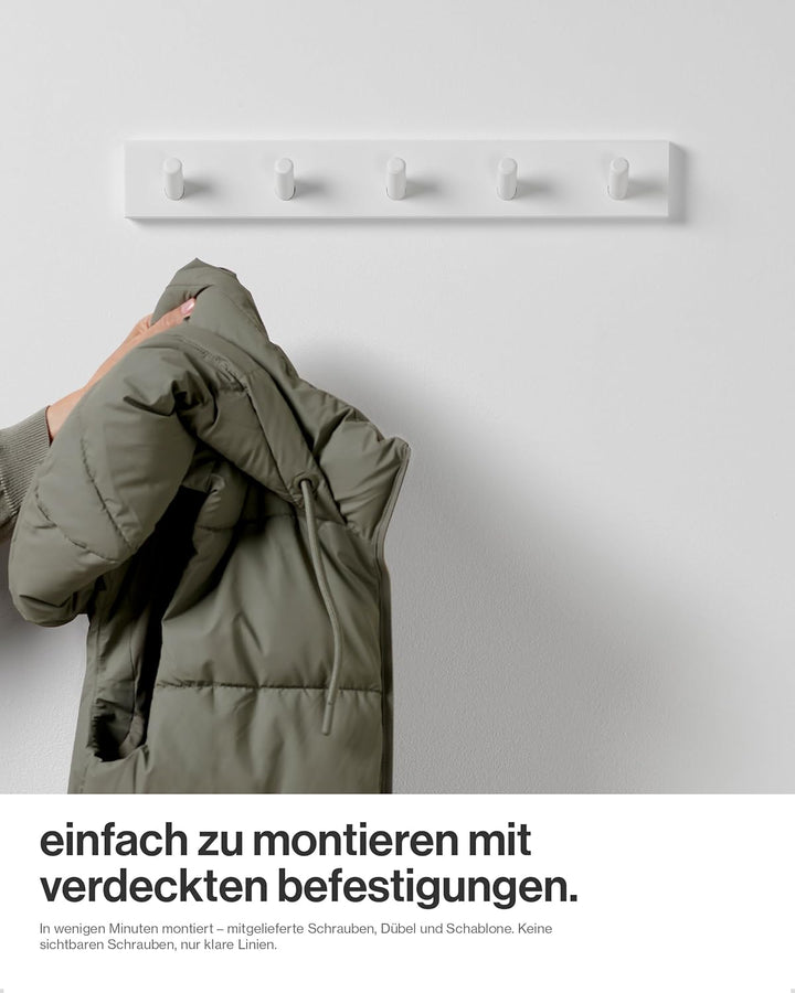 LARHN Garderobenhaken Weiss - Garderobenleiste Weiss mit 5 Haken - 43 cm - Kleiderhaken Wand - Wandg