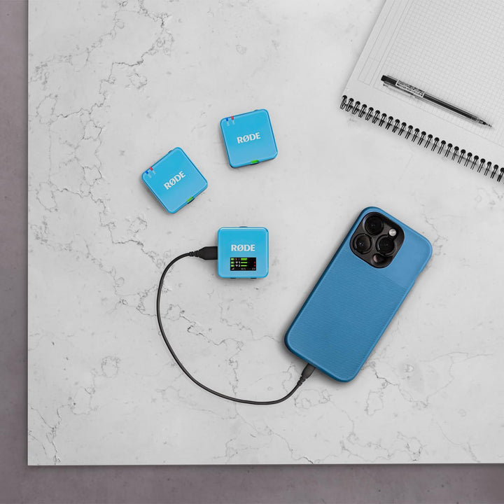 Rode Wireless GO Gen 3 Drahtloses 2-Kanal Mikrofon-Funksystem Blau mit Interview GO Handadapter und
