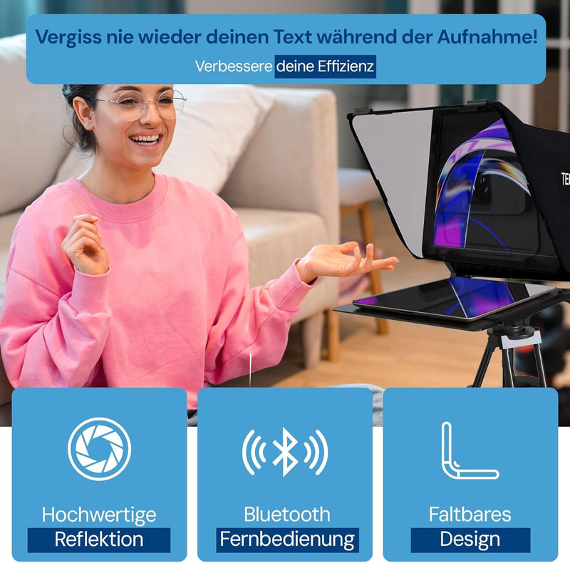 Leeventi Teleprompter 4.0 I Kompatibel mit iPhone, iPad, Android Smartphones, Foto- oder Videokamera