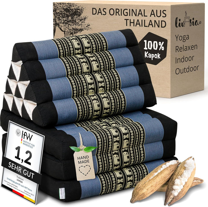 livasia Thaikissen mit 3 Auflagen, Dreieckskissen mit Klappmatratze, Keilkissen Kapok, Rückenkissen