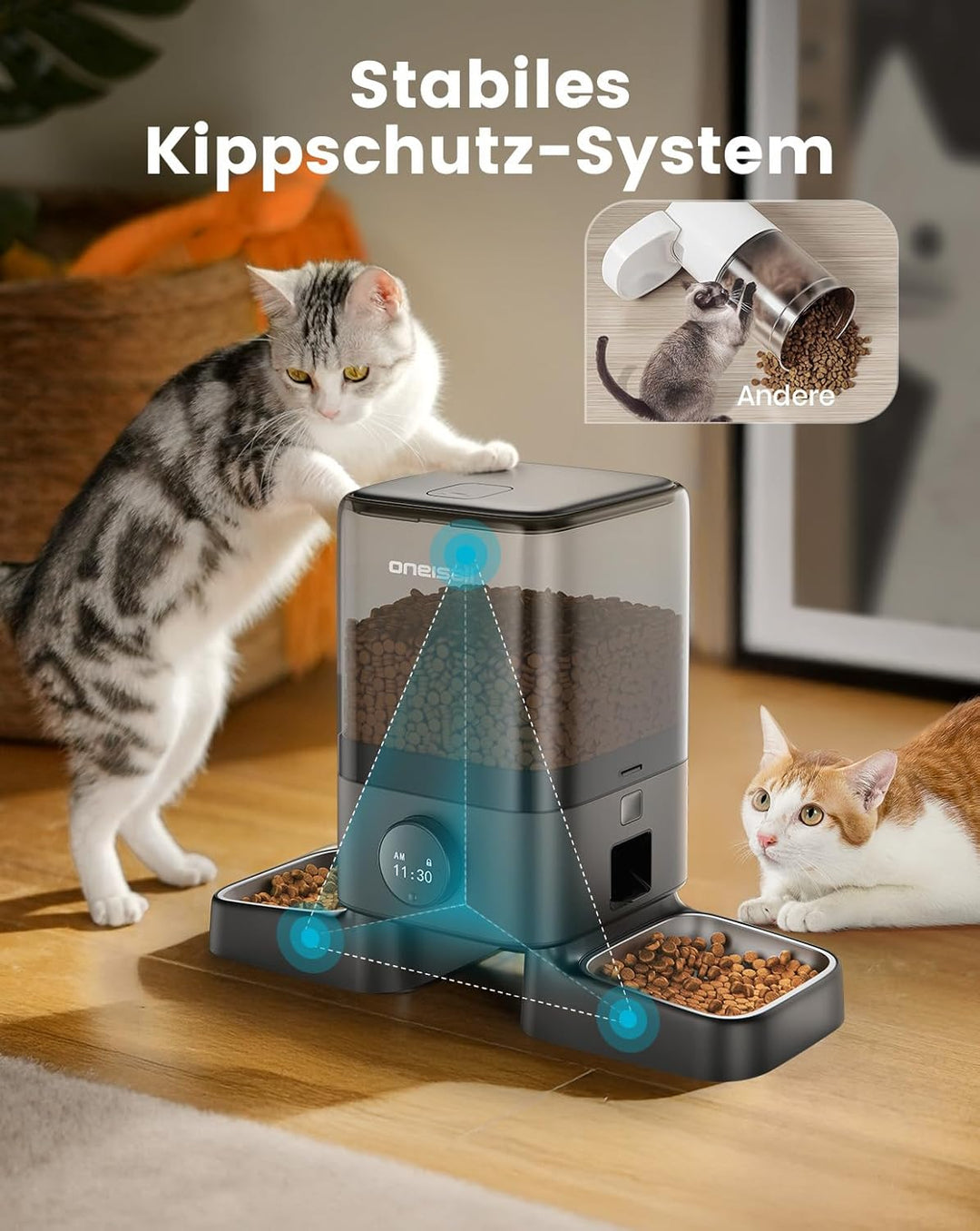 oneisall 5L Futterautomat Katzen 2 Näpfe, Katzenfutter Automat Kabellos mit 304 Edelstahlnapf, 1-6 M