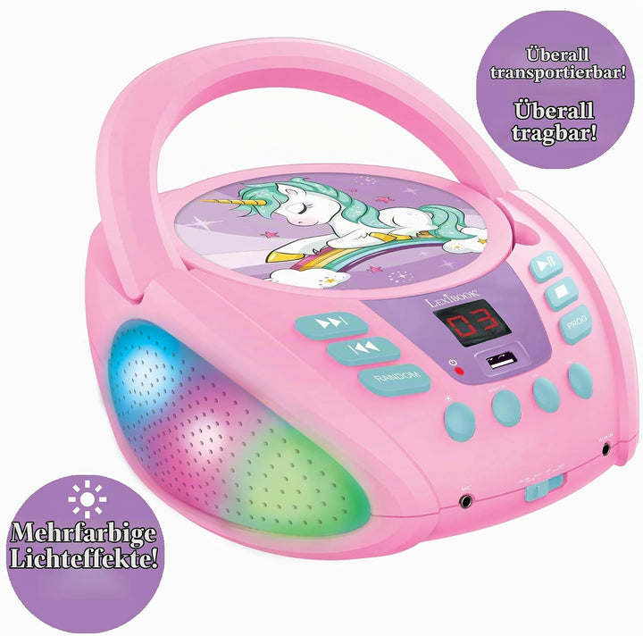 Lexibook Einhorn- Bluetooth-CD-Player für Kinder - Tragbar, Lichteffekte, Mikrofonbuchse, Aux-In, Ak