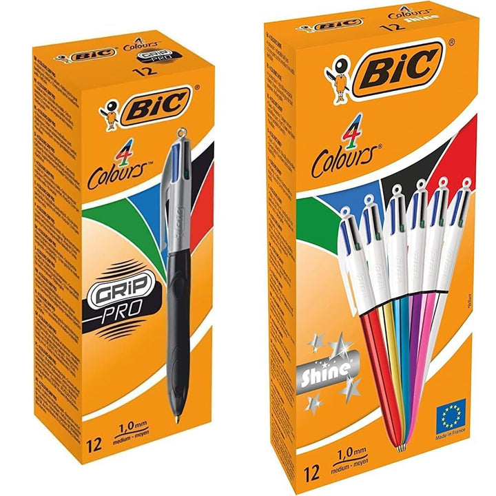 BIC 4 Farben Kugelschreiber Set 4 Colours Grip Pro, mit gummierter Griff-Fläche, 12er Pack & 4 Farbe