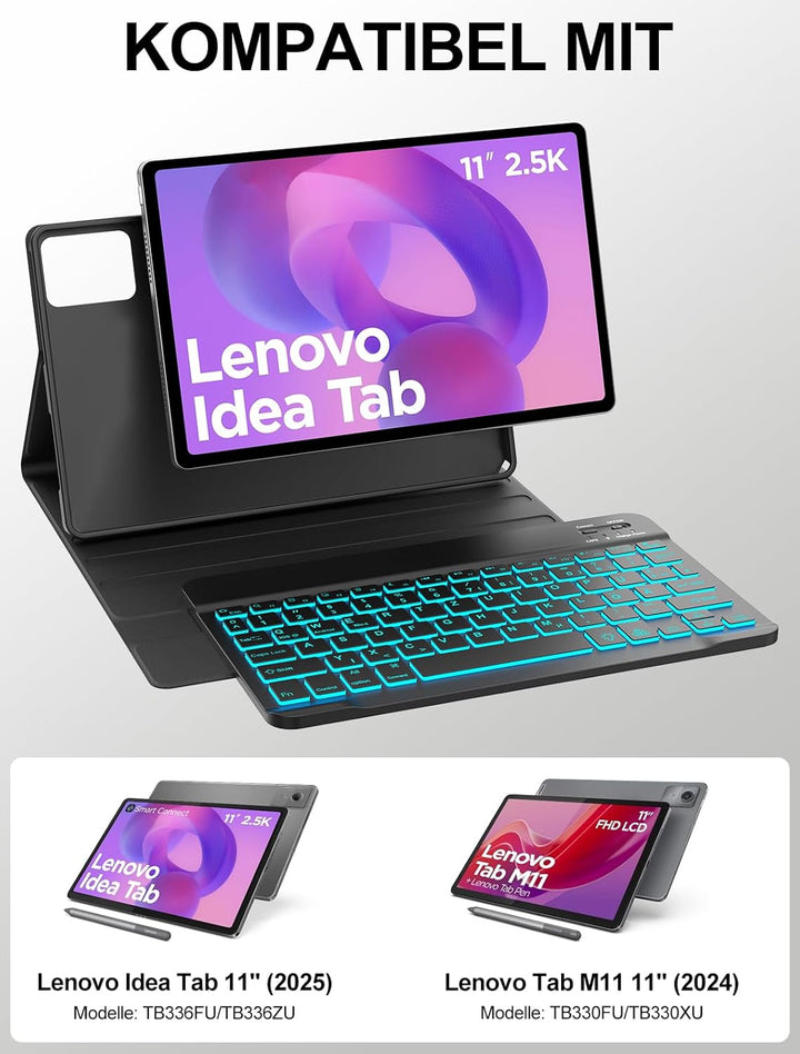 JADEMALL Hülle mit 7-Farben Beleuchtungstastatur für Lenovo Idea Tab 11" (2025) & Tab M11 (2024) TB3