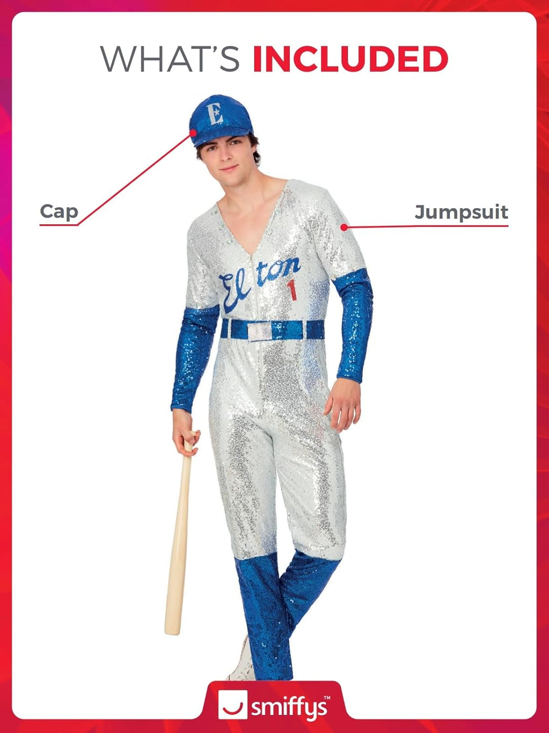 Smiffys Herren Smiffys Officially Licensed Elton John Deluxe Sequin Baseball Costume Smiffys Offizie