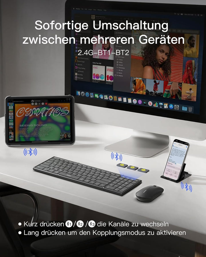 Inateck Faltbare Tastatur Maus Set Kabellos,Klappbare Tastatur mit Ziffernblock mit 3 Kanälen,mit St