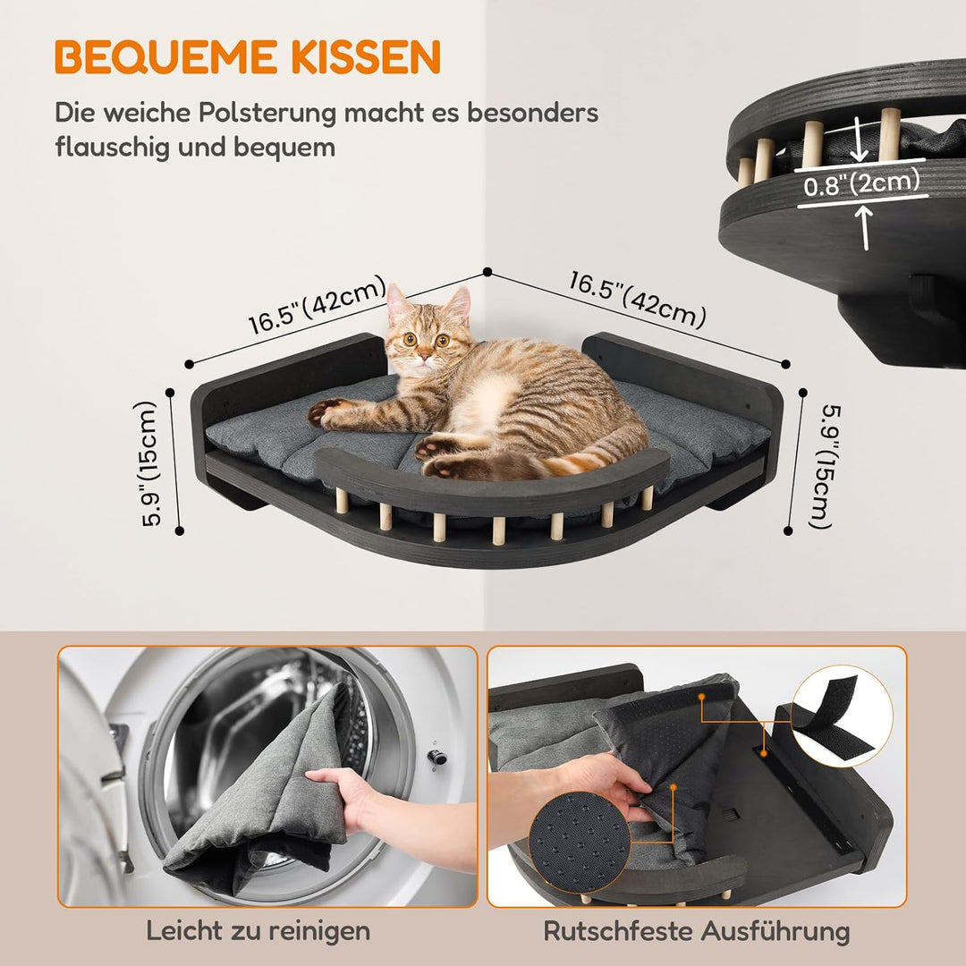 Kletterwand Katzen mit Katzenbett und 3X Katzentreppe Wand [Birkenholz] I Kratzbaum Wand I Hängematt