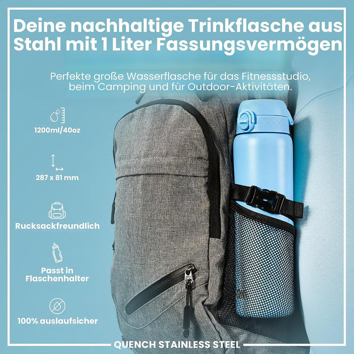 Ion8 1 Liter Edelstahl Trinkflasche, Auslaufsicher, Einhandöffnung, Sichere Verriegelung, Spülmaschi