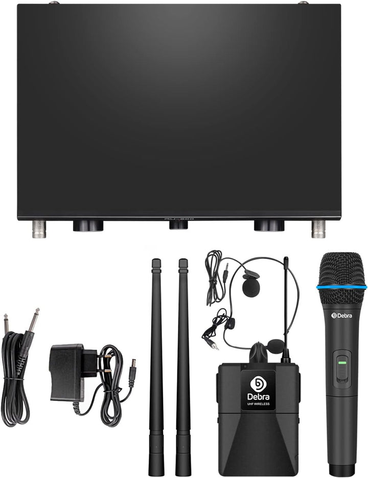 D Debra Audio AU200 Pro UHF 2-Kanal-Drahtlos-Mikrofonsystem mit schnurlosen Lavalier-Headset-Mikrofo