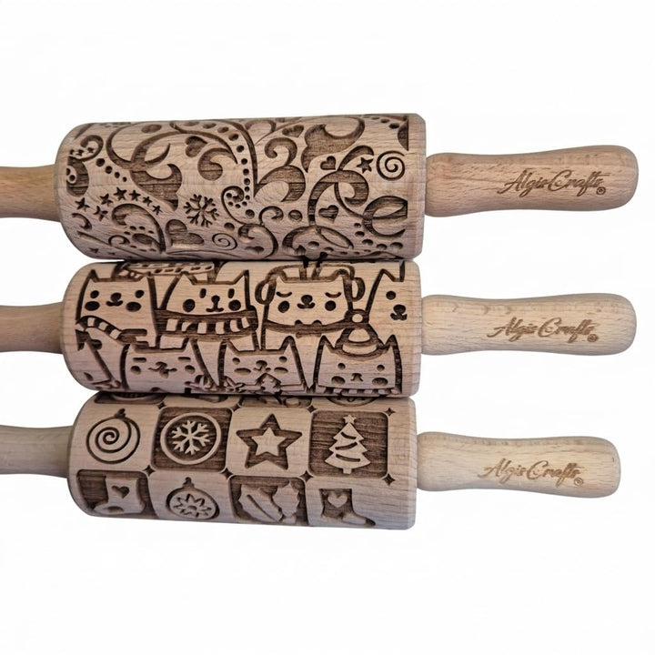 Kinder Nudelholz mit Muster WEIHNACHTSFEST Backen 3-er SET - Teigroller Holz für DIY Weihnachten Plä