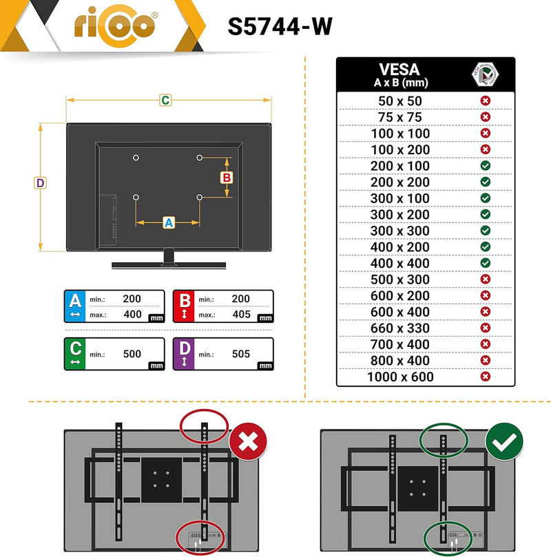 RICOO TV Wandhalterung Fernseher Schwenkbar Neigbar für 45-85 Zoll, Universal TV Halterung S5744-W,