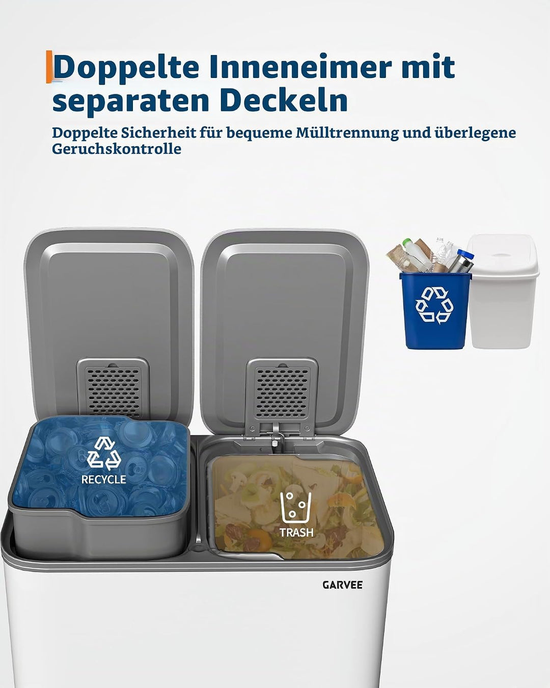 GarveeHome Mülleimer Küche, 2 x 30 L, Mülltrennsystem 2 Fächer, Metall-Tretmülleimer mit Seitlichem
