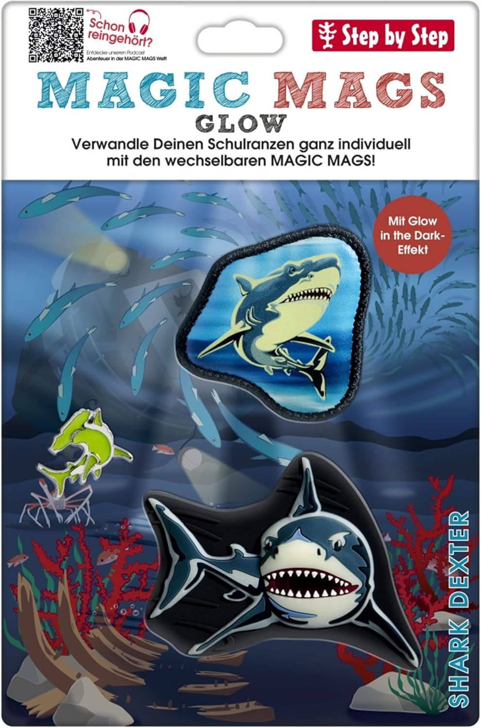 Step by Step Magic Mags Glow „Shark Dexter“, 3-teilig, 2 Magnet-Applikationen und 1 Anhänger, Hai, M