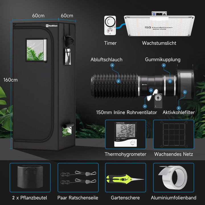 Hon&amp;Guan Growzelt Komplettset mit HG1000 LED Grow Lampe 60x60x160cm Grow Tent 150mm Rohrventilator A