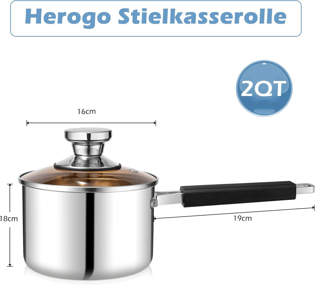 Herogo Stainless Stielkasserolle 16cm, Dreifach-Edelstahl- Milchtopf mit Glasdeckel, kleiner Kochtop