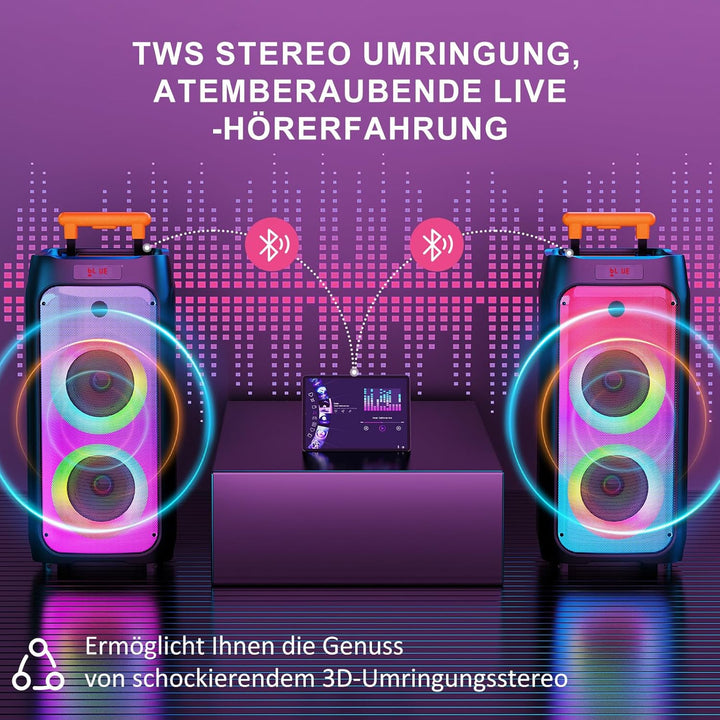 JYX Karaoke Anlage mit 2 drahtlosen Mikrofonen, Grosser Karaoke Lautsprecher Bluetooth mit Rädern un