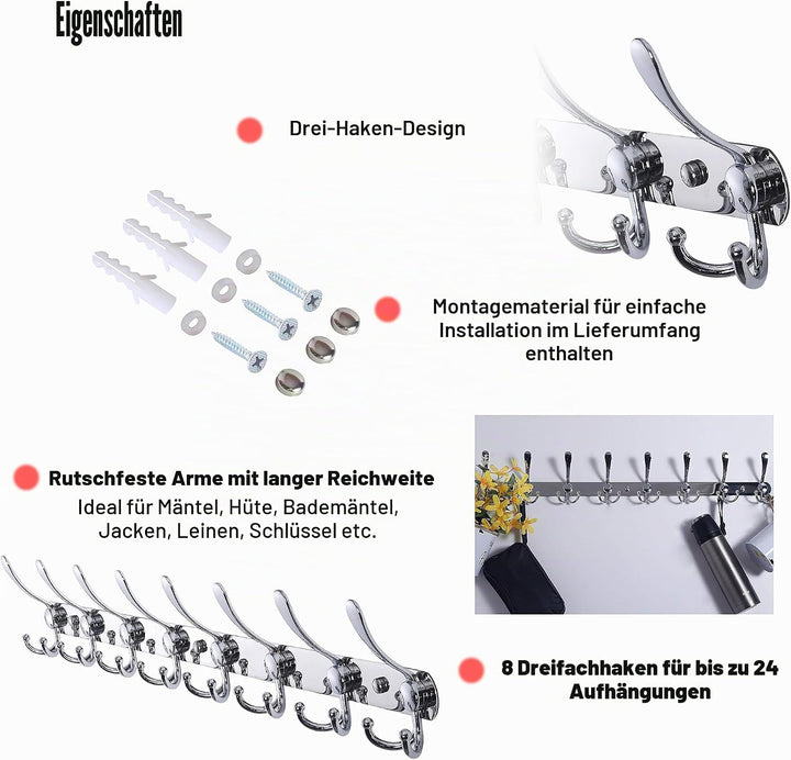 Dseap Garderobenleiste mit 8 haken, schwerlast 74cm Lang garderobenhaken, edelstahl wandgarderobe, k