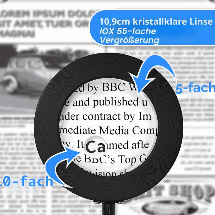 NZQXJXZ 5X 10X Lupe mit Licht und Ständer, 2-in-1 Lupenbrille mit 72 Einstellbaren Helligkeits-LEDs,