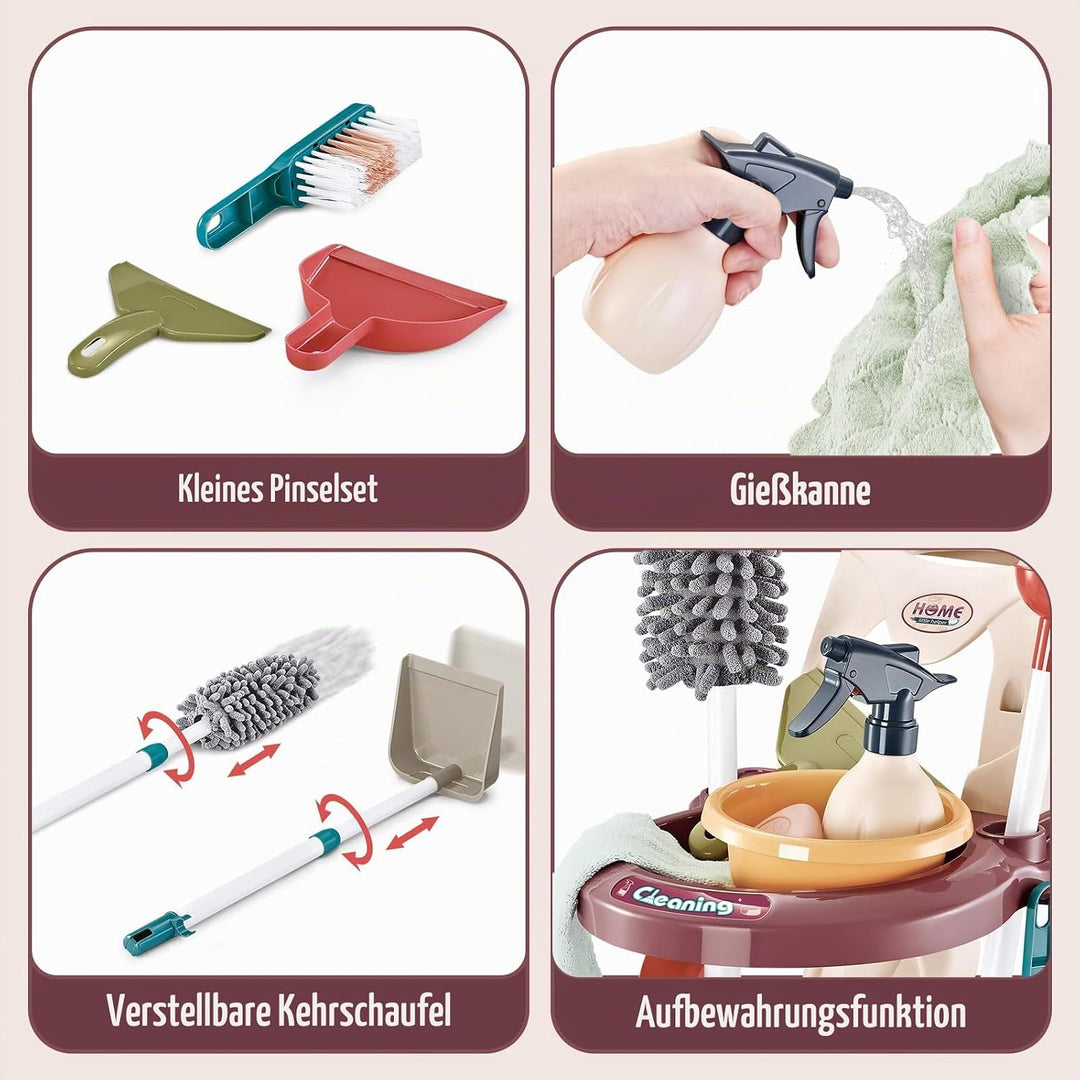 deAO Kinder Putzwagen - Putzset mit Wischmop, Eimer, Besen, Staubsauger, Bürsten, Kehrschaufel, Hand