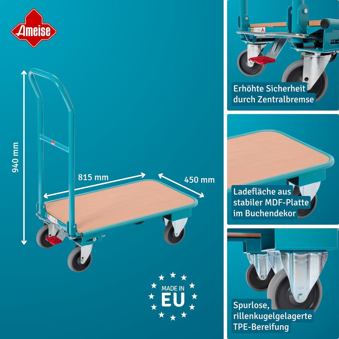 Ameise Transportwagen | 150 kg Tragkraft | HxBxT 94 x 45 x 81,5 cm | 4 TPE-Rollen mit Zentralbremse