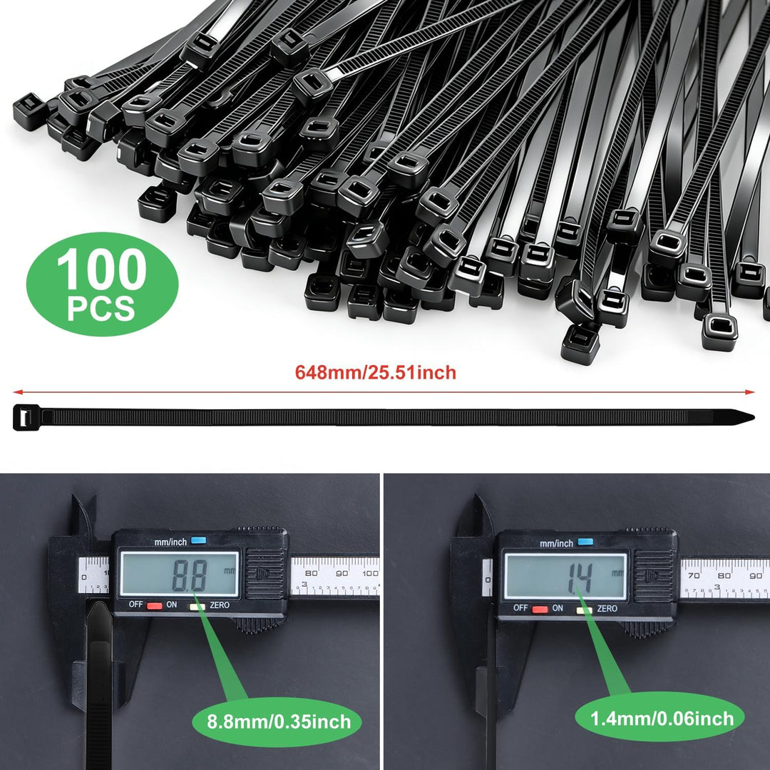 Kabelbinder Schwarz Extra Lang 100 Stück 650 × 8.8mm Breit Cable Ties mit 70 kg Zugfestigkeit Kann i