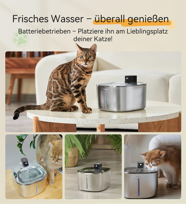 Katzenbrunnen Edelstahl Kabellos,4,1L 4000mAh, Schwarz, No Adapter | 4000mAh, 3 Modi (Sensor/Zeit/Da