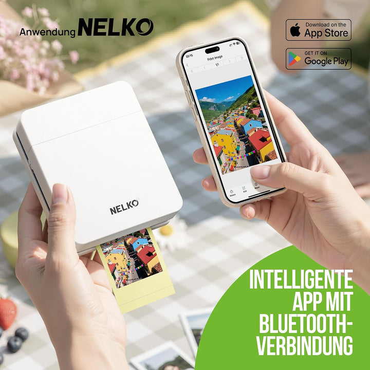 Nelko Fotodrucker PP01 Farbe Tragbarer Mini Fotodrucker für Smartphone mit 20 Fotopapier, Tintenstra