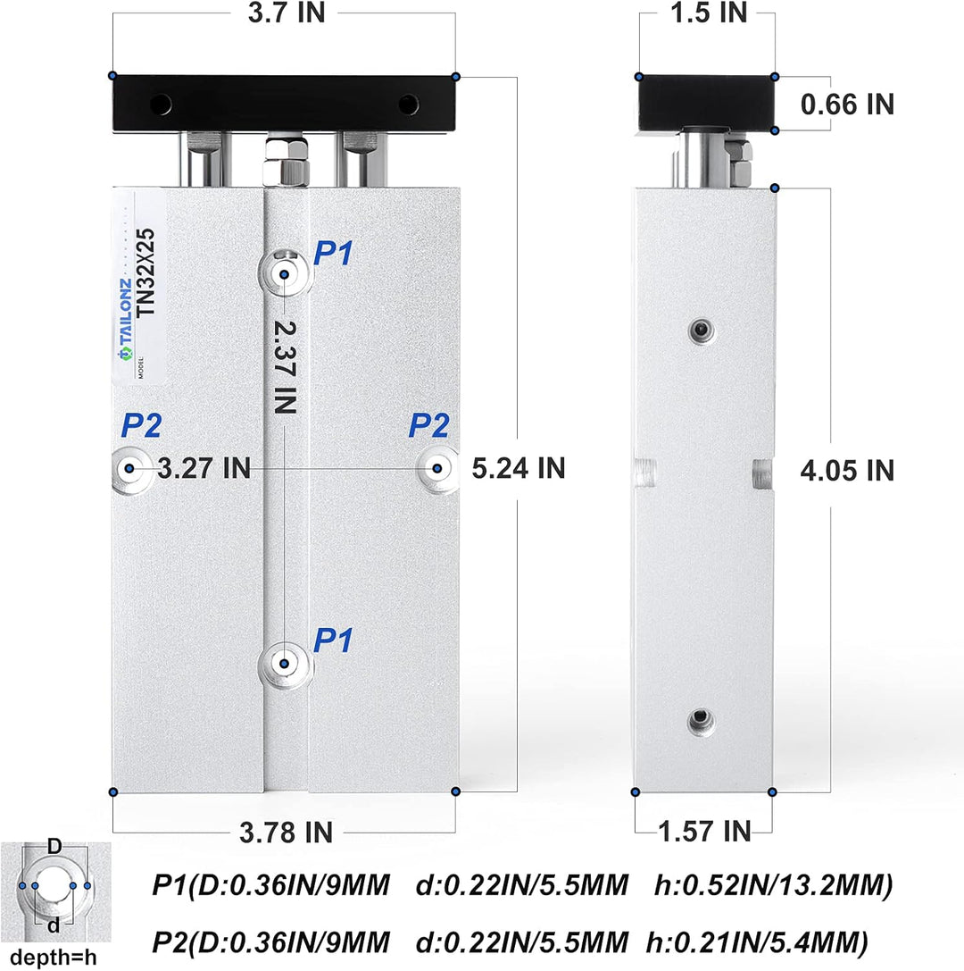 TAILONZ PNEUMATIC 32mm Bohrung 25mm Hub Doppelstange Doppeltwirkend Aluminium Druckluftzylinder TN32