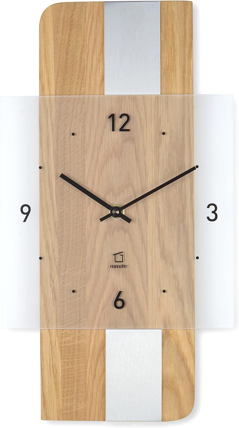 Natuhr Holz Metall Glas Wanduhr - Fusion - präzises Funk-Uhrwerk plastikfrei verpackt (Eiche geölt/E