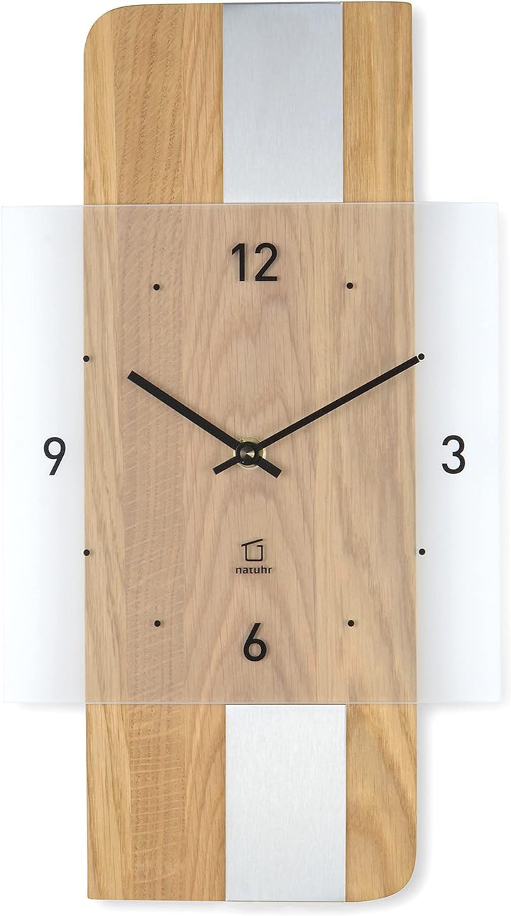 Natuhr Holz Metall Glas Wanduhr - Fusion - präzises Funk-Uhrwerk plastikfrei verpackt (Eiche geölt/E