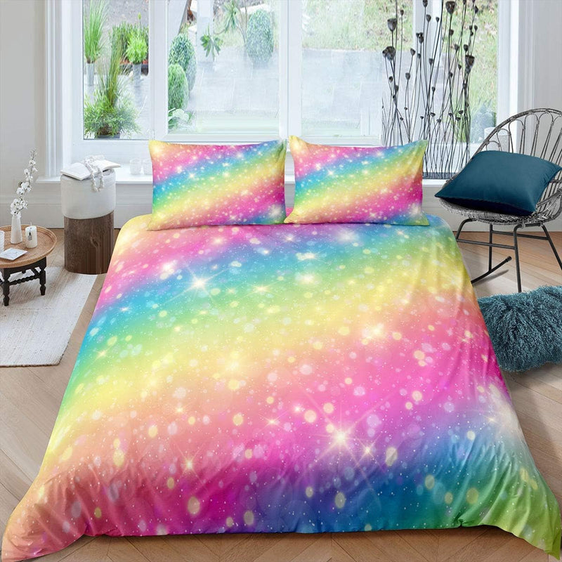 Loussiesd Regenbogen Farbe Tröster Bettwäsche 135x200 cm Mädchen Kinder Blingling Dekor Bettwäsche S