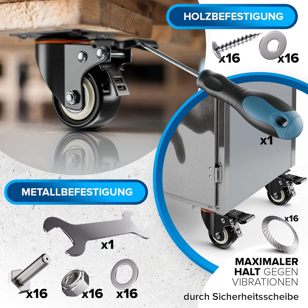 PEARWAY™ Premium Lenkrollen 50mm mit Bremse [4x gesamt 320kg] inkl. Montagezubehör I Robuste Transpo